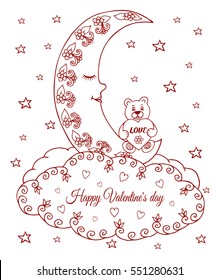Vector illustration,  valentines, a teddy bear with a heart sitting on the moon asleep in the clouds. Vector drawing of art created by hand. Book Coloring anti-stress for adults and children. 