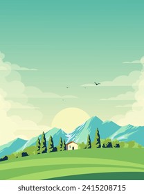 Ilustración vectorial. Valle, jardín verde, paisaje natural. Diseño para afiches, banner, tarjeta vertical.