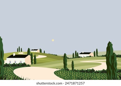 Vector illustration. Valley, village. Background design, landing page, horizontal banner. Modern design. Trips.