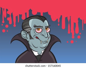 Vector illustration of vampire cartoon character with bloody background. Easy-edit layered vector EPS10 file scalable to any size without quality loss. High resolution raster JPG file is included.