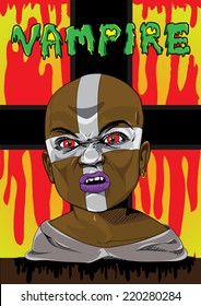 Vector illustration of vampire cartoon character with bloody background. Easy-edit layered vector EPS10 file scalable to any size without quality loss. High resolution raster JPG file is included.