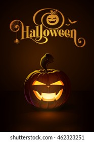Vector illustration of a Vampire jack-o-lantern glowing in the dark. Included a custom typography "Halloween". EPS10 All elements neatly on layers and groups