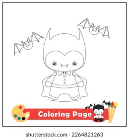 Vector illustration with vampire kawaii. Cute square page coloring book for kids. Simple cute kid drawing. Black outline, sketch on a white background.