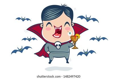 Vector illustration of a vampire in kawaii style. Illustration of a cute kid in Dracula costume. Halloween monster