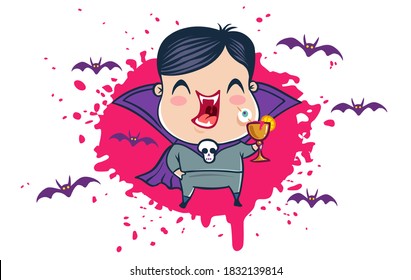Ilustración vectorial de un vampiro al estilo kawaii. Ilustración de un niño lindo disfrazado de Drácula. Monstruo de Halloween con gota de sangre.