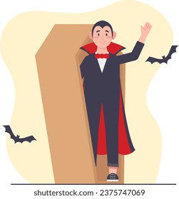 Vector illustration of vampire man in red cloak and cape. Halloween concept.
