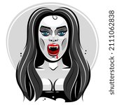 Vector Illustration with vampire mouth open red sexy lips and long teeth isolated on a white background.