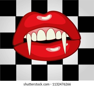 Vector Illustration with vampire mouth open red sexy lips and long teeth isolated on a checkered background.