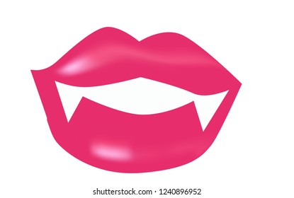 Vector Illustration with vampire mouth open red sexy lips and long teeth isolated on a white background.