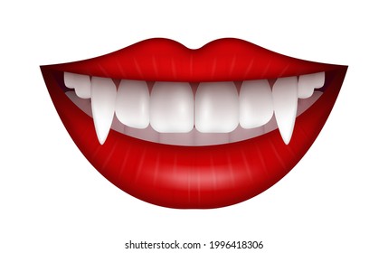 Vector Illustration with vampire mouth open red sexy lips and long teeth isolated on a white background.