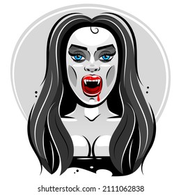 Vector Illustration with vampire mouth open red sexy lips and long teeth isolated on a white background.