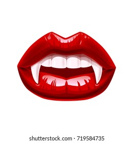 Vector Illustration with vampire mouth open red sexy lips and long teeth isolated on a white background.