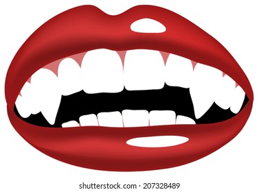 Vector Illustration Of Vampire, Smiling Mouth With Vampire Teeth