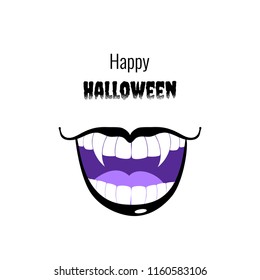Vector illustration with vampire violet grin with text happy halloween isolated on the white background.
