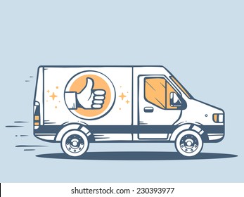 Vector illustration of van best delivering goods to customer on blue background. Line art design for web, site, advertising, banner, poster, board and print.  