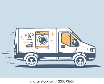 Vector illustration of van free and fast delivering washing machine to customer on blue background. Line art design for web, site, advertising, banner, poster, board and print.