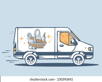 Vector illustration of van free and fast delivering basket with food to customer on blue background. Line art design for web, site, advertising, banner, poster, board and print.  