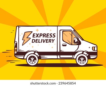 Vector illustration of van free and fast express delivery to customer on yellow background. Line art design for web, site, advertising, banner, poster, board and print.