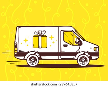 Vector illustration of van free and fast delivering gift box to customer on yellow background. Line art design for web, site, advertising, banner, poster, board and print.