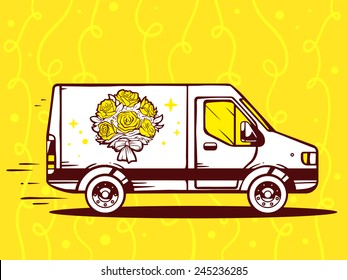 Vector illustration of van free and fast delivering bouquet of flowers to customer on yellow background. Line art design for web, site, advertising, banner, poster, board and print.