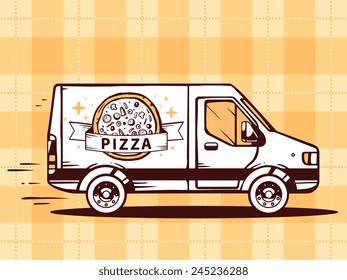 Vector illustration of van free and fast delivering pizza to customer on yellow background. Line art design for web, site, advertising, banner, poster, board and print.