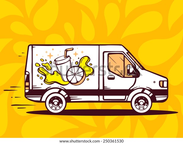 Vector illustration of van free and fast\
delivering fresh fruit juice to customer on yellow pattern\
background. Line art design for web, site, advertising, banner,\
poster, board and\
print.