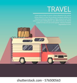 Vector illustration of a van going to the road trip in flat design. Poster for text on travel theme with blue sky and mountains on the background.
