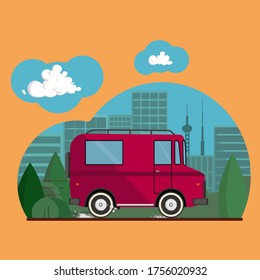 Ilustración vectorial de una camioneta. Van en movimiento en la calle con árboles y fondo de ciudad.