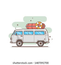 vector illustration of van and rafting tools 