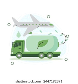 Vector illustration of a van transporting gasoline and an airplane consuming biofuel. Airplane with biological fuel.