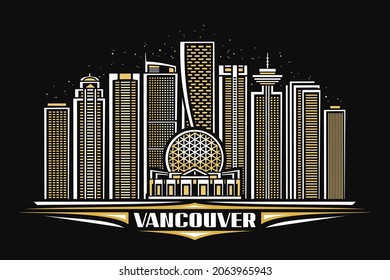 Vector illustration of Vancouver, horizontal poster with linear design famous vancouver city scape on dusk starry sky background, urban line art concept with decorative lettering for word vancouver.