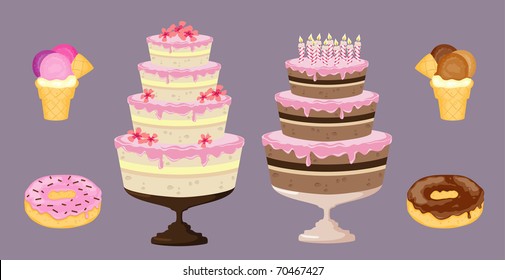 Vector illustration of vanilla and chocolate cake, ice cream and donought! Get some soon!