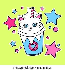 VECTOR ILLUSTRATION OF A VANILLA CREAM MILK SHAKE, ILLUSTRATION OF A CAT FACE INSIDE A DRINK, SLOGAN PRINT VECTOR