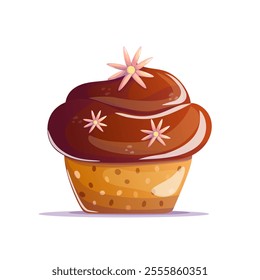 Vector illustration of a vanilla cupcake with chocolate cream, drawn in a fun and playful cartoon style. Ideal for dessert-themed designs, packaging, menus, stickers, and children's projects.