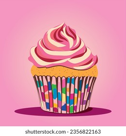 Vector illustration of vanilla cupcake with colorful cream frosting. The Size 2000x2000 px. The Idea for design products decoration, textile decoration.
