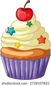 Ilustração vetorial de um cupcake de baunilha com polvilhos de estrela e cereja sobre fundo branco