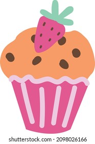 Vektorgrafik. Vanilla-Cupcakes mit Erdbeeren und Schokoladenchips