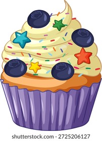 Ilustração vetorial de um cupcake de baunilha coberto com mirtilos frescos e polvilhas coloridas em forma de estrela