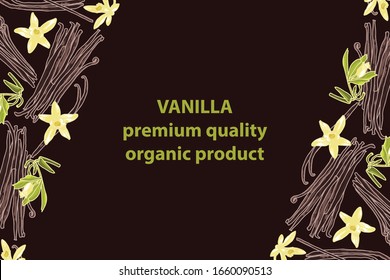 vector illustration of vanilla and flower design background brown text premium quality organic product EPS10