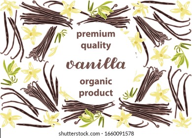vector illustration of vanilla and flower design with lettering vanilla background white text premium quality organic product EPS10