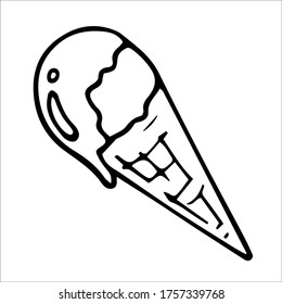 Vector illustration. Vanilla or fruit ice cream with icing in a waffle cone. Isolated on white. Hand drawn simple doodle clipart. Seasonal summer dish sketch. Logo, food banner, icon. 