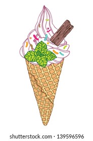 Vector illustration of vanilla ice cream in cone witch chocolate stick and peppermint leave.