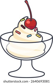A vector illustration of vanilla ice cream with cherry and sprinkles in a glass bowl.