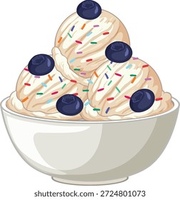 Vektorgrafik von Vanilleeisbechern mit frischen Heidelbeeren und bunten Sprinkles