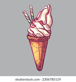 Icata vectorial helado de vainilla con túbulos verde claro en un cono