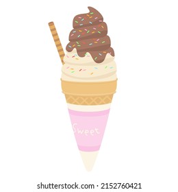 Vector Illustration Of Vanilla Soft Serve Ice Cream Poured With Chocolate Sauce And Rainbow Sprinkles.