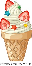 Vektorgrafik von Vanille-Soft-Servieren in einem Waffelkegel mit Erdbeeren und Sternsprenkeln
