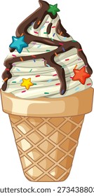Ilustración vectorial de vainilla suave servir en un cono de gofre con chispas de chocolate y estrellas
