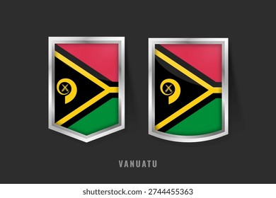 Vector illustration of Vanuatu flag on 3D metallic shields. Red, green, and black design with yellow Y-shape, boar's tusk and fern fronds. Symbol of Vanuatuan pride and Pacific heritage