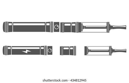 Vector illustration of vape and accessories. Icons set Isolated on white background. Vape pipe. Vape trend new culture. Illustration of Electronic cigarette. E-cig aroma